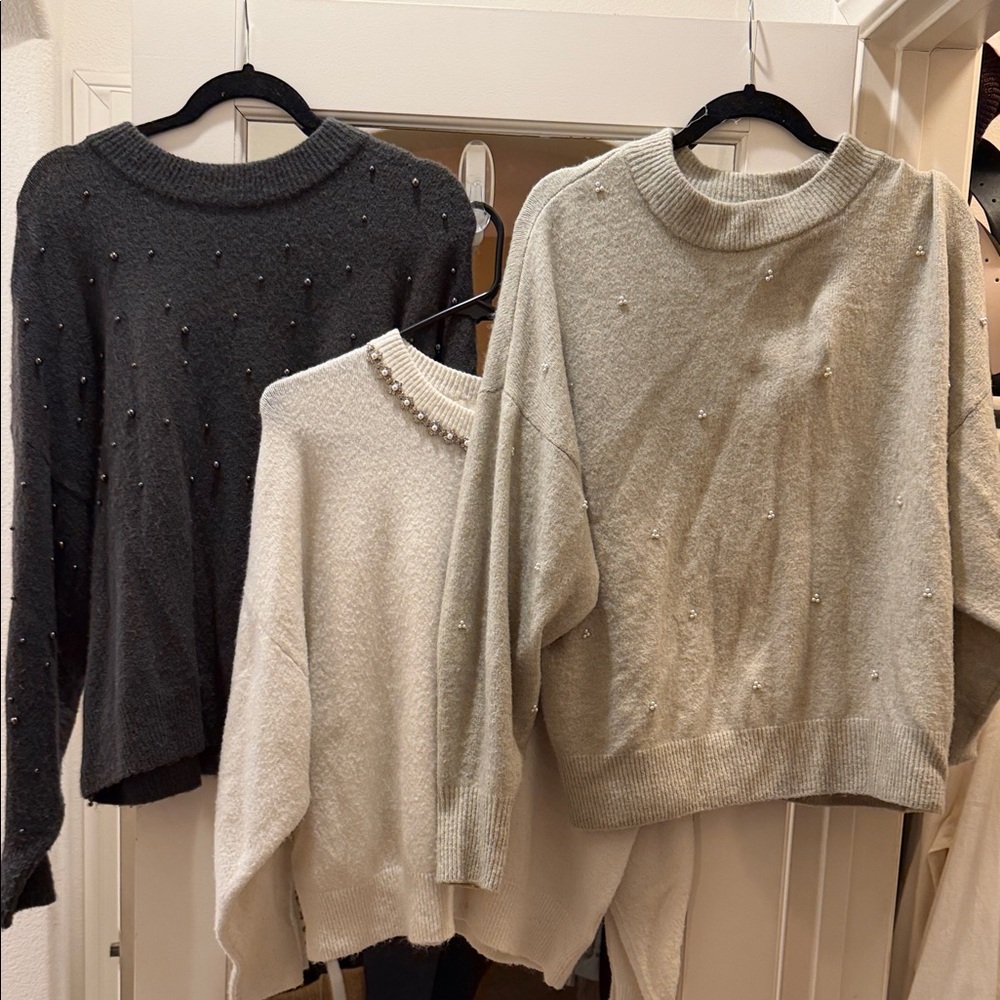 H&M Pearl-Embellished Sweater Set in Black, Cream, and Gray